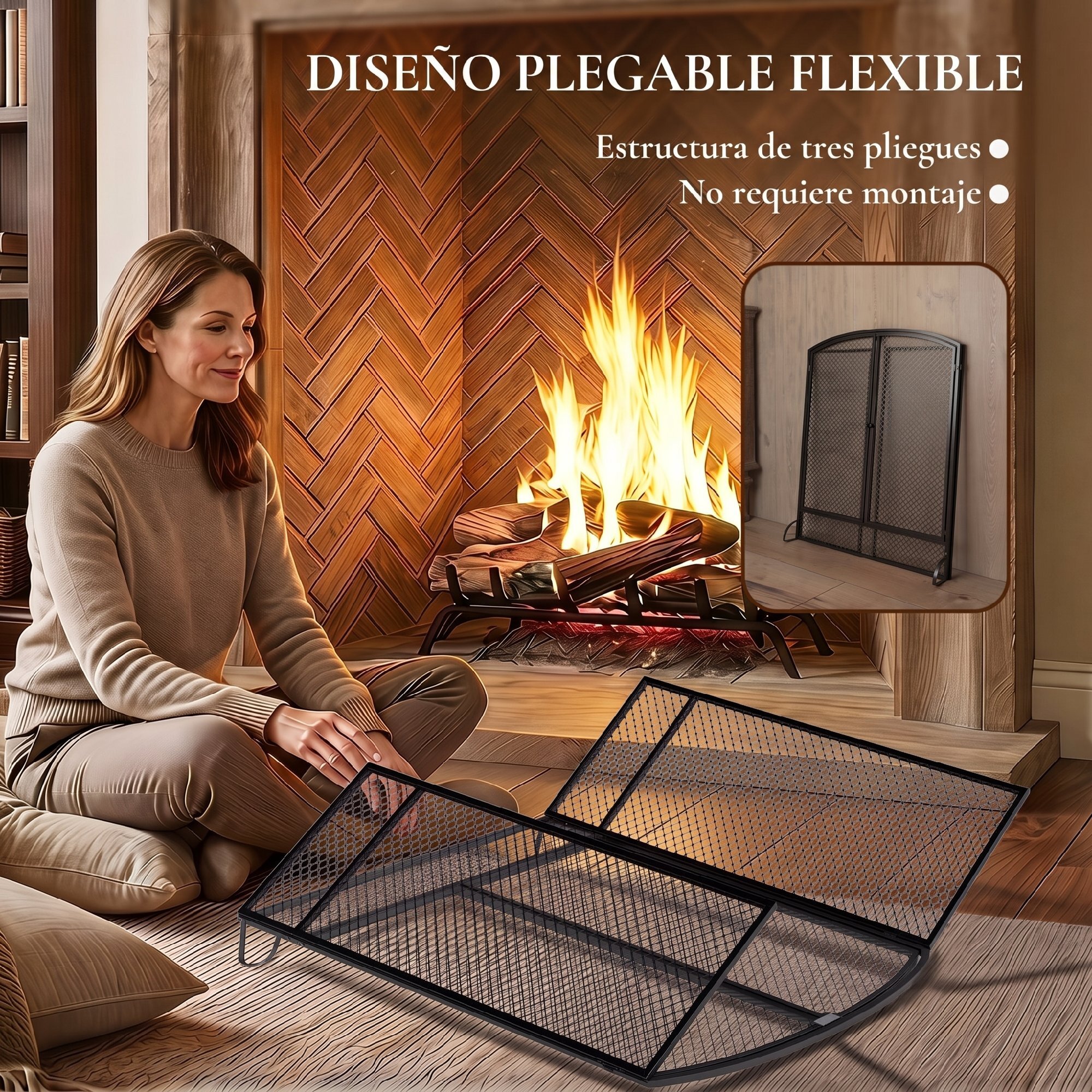 Salvachispas para Chimenea Plegable de 3 Paneles con Doble Puerta, Protector de Chimenea de Metal, Resistente al Calor, para Salón, Hogar, 122x75 cm, Negro