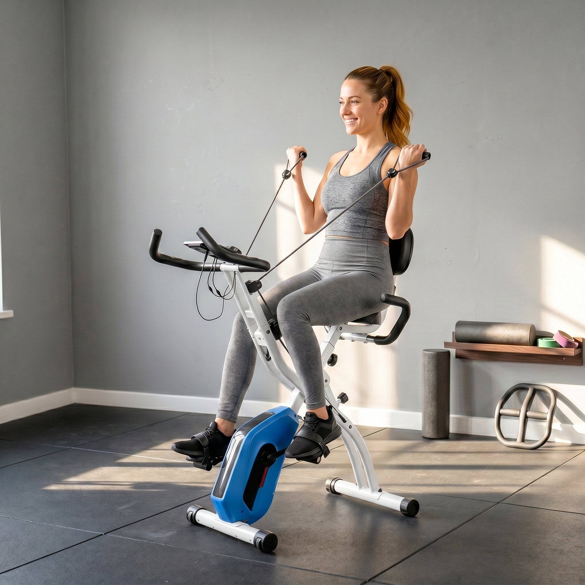 Vélo d'appartement pliable 3-en-1 classique semi-allongé bandes de résistance bleu