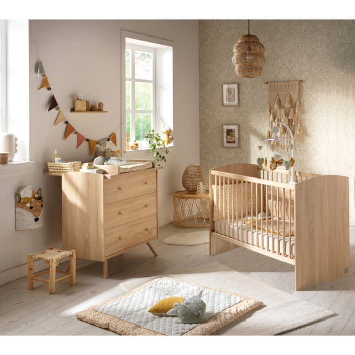 Chambre bébé complète Access, Lit 120x60 et Commode à langer - Chêne doré