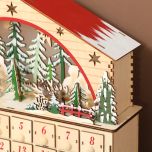 Calendario de Adviento para Rellenar de Madera, con Luces LED y 24 Cajones, Calendario de Adviento de Navidad Reutilizable con Escena de Pueblo, Decoración Navideña, 36x10x34 cm, Natural
