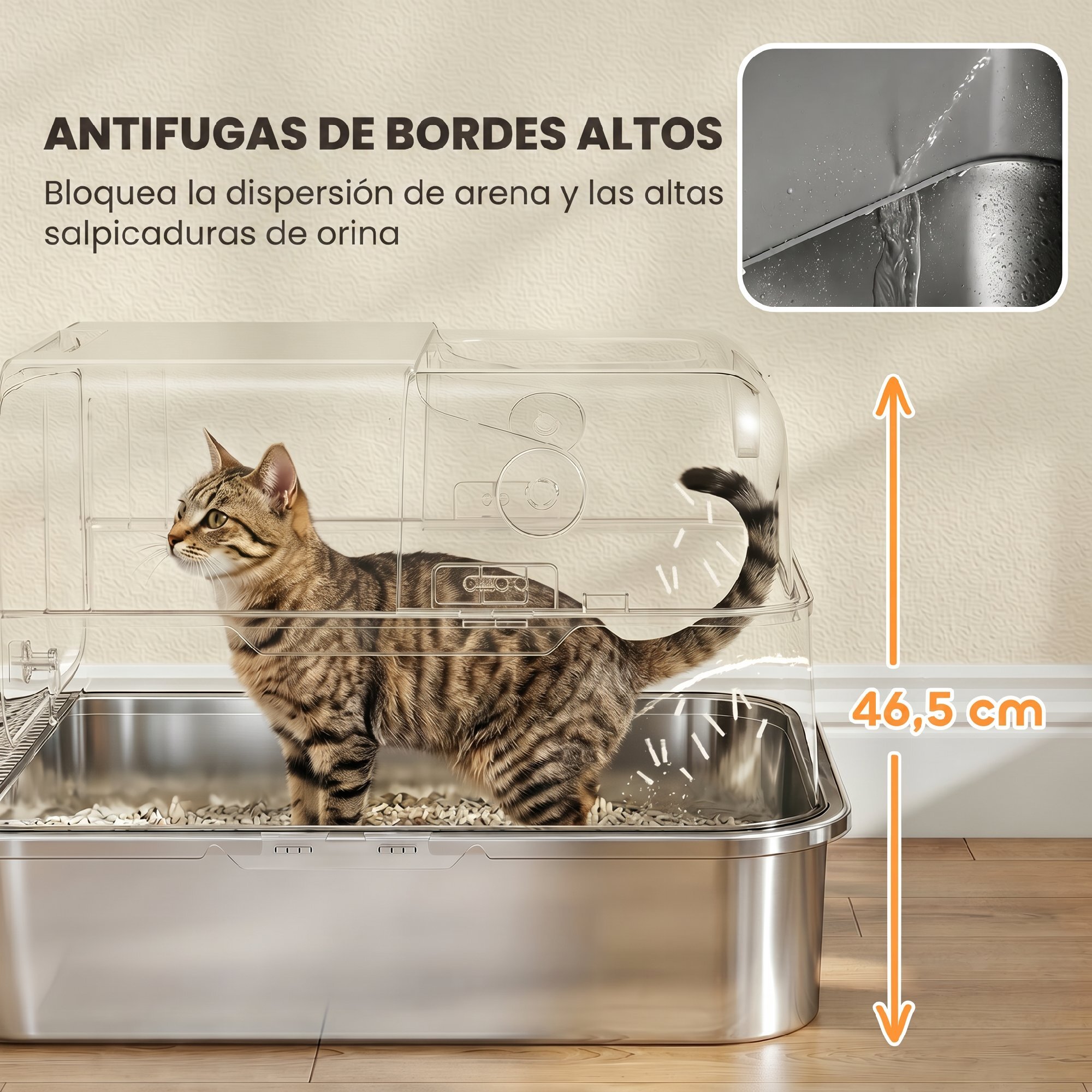 Arenero para Gatos de Acero Inoxidable XXL, Caja de Arena para Gatos Grandes, Arenero con Tapa Abatible, Laterales Altos, Entrada Superior, Pala, sin Olores, Fácil de Limpiar, Antifugas, Negro