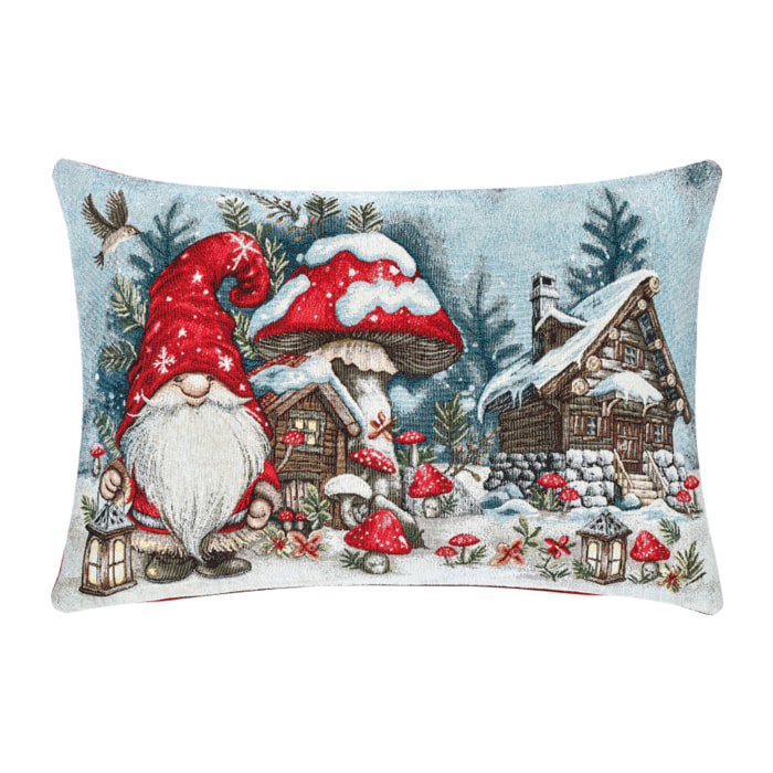 Fodera Per Cuscino Arredo Natalizio In Tessuto Gobelin Cinigliato Made in Italy Disegno Elfo Fungo