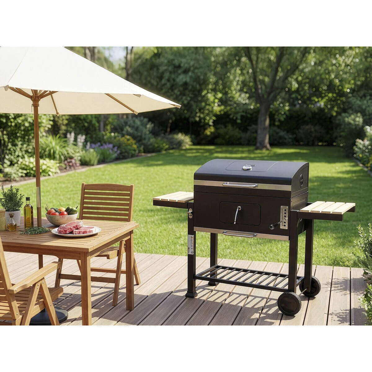 Barbecue charbon avec tablettes latérales et grilles réglables "Marquis" - Noir