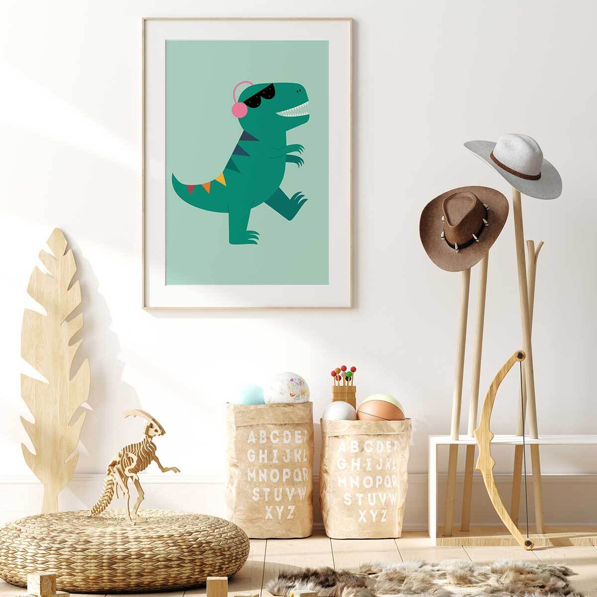 Affiche enfant dino music  Affiche + cadre en bois - Chêne