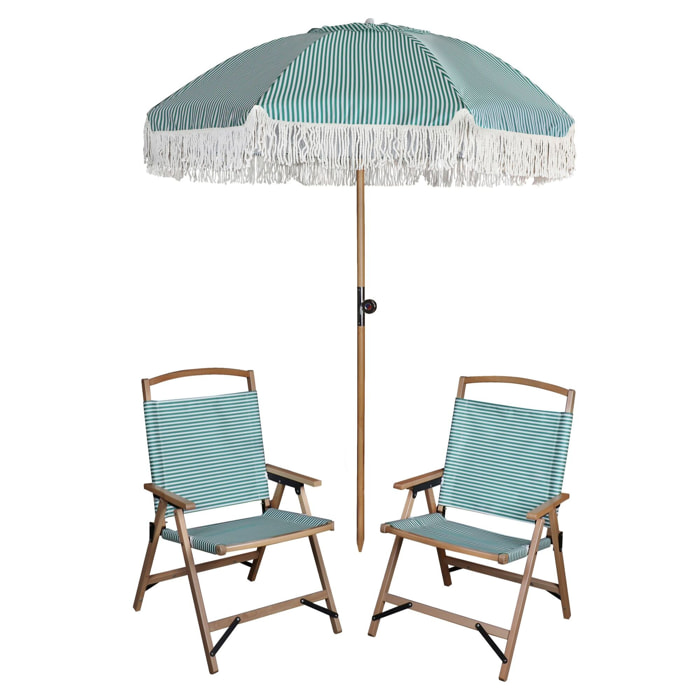 ENSEMBLE PARASOL+2CHAISE PLAGE EN POLYESTER VERT ET BOIS DE HÊTRE PLAYA