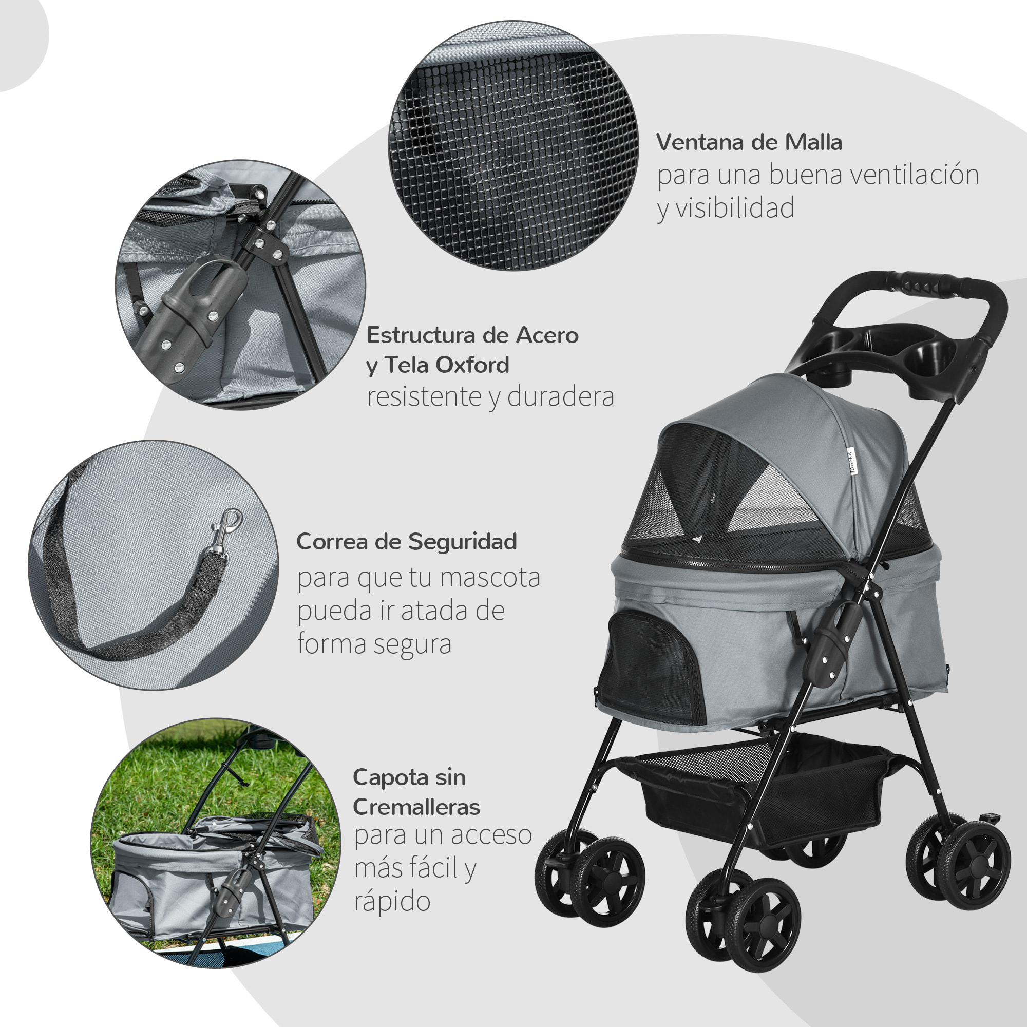 Cochecito para Mascotas Plegable Carrito para Perros Desmontable Acero Tela Oxford Ruedas Giratorias Frenos Ventana para Perros Gatos Pequeñitos 67x45x96 cm Gris