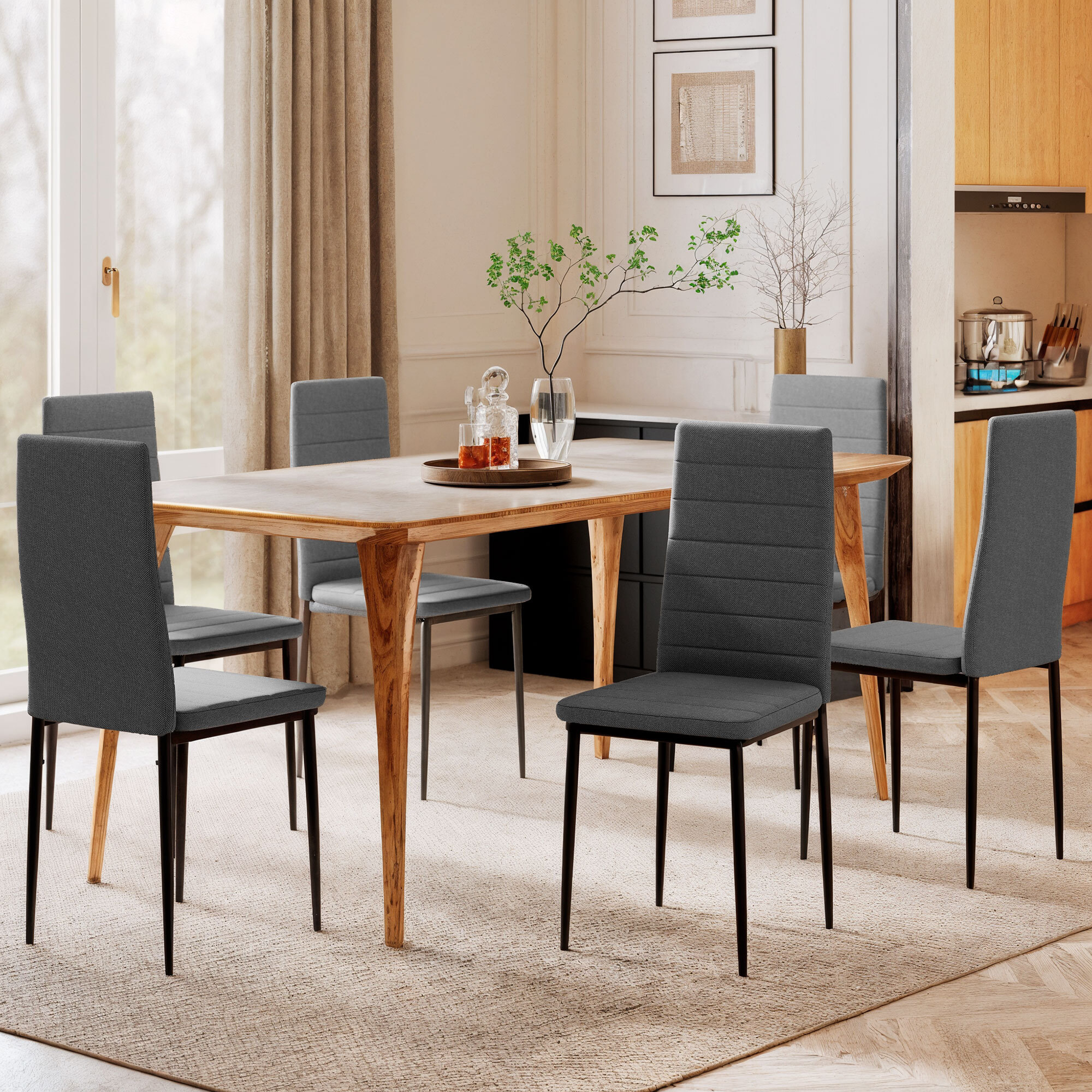 Pack de 6 Sillas de Comedor Modernas, Sillas de Cocina Tapizadas en Lino Sintético con Respaldo Alto y Patas de Metal, para Salón, Gris