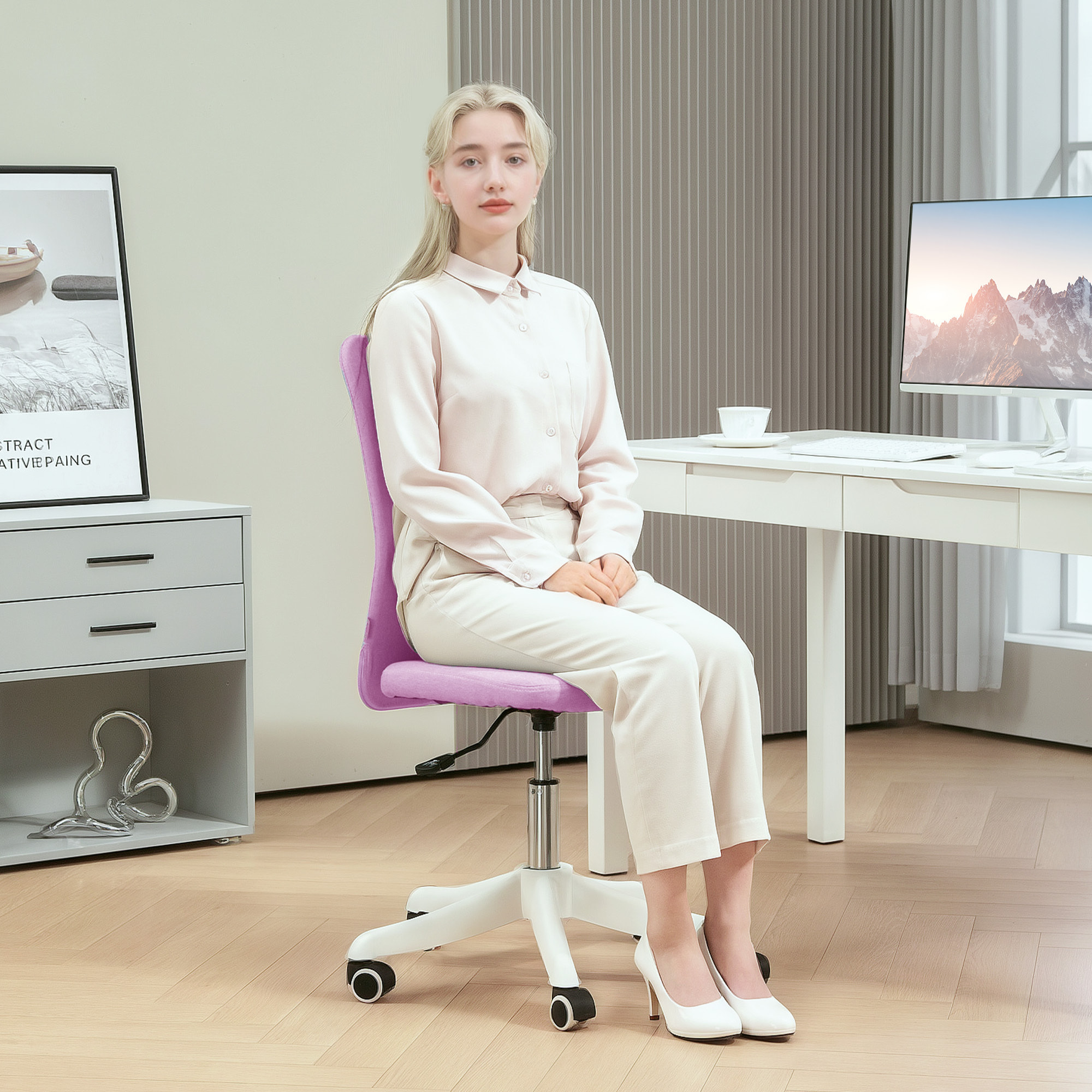 Silla de Escritorio sin Brazos Silla de Oficina Giratoria Tapizado en Lino Sintético con Altura Ajustable para Estudio Dormitorio Tocador Carga 120 kg Rosa