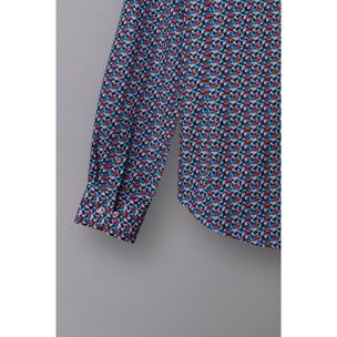 Camicia Uomo 1 Bottoni Button Down Slim Popeline Stampato Bianco/Celeste