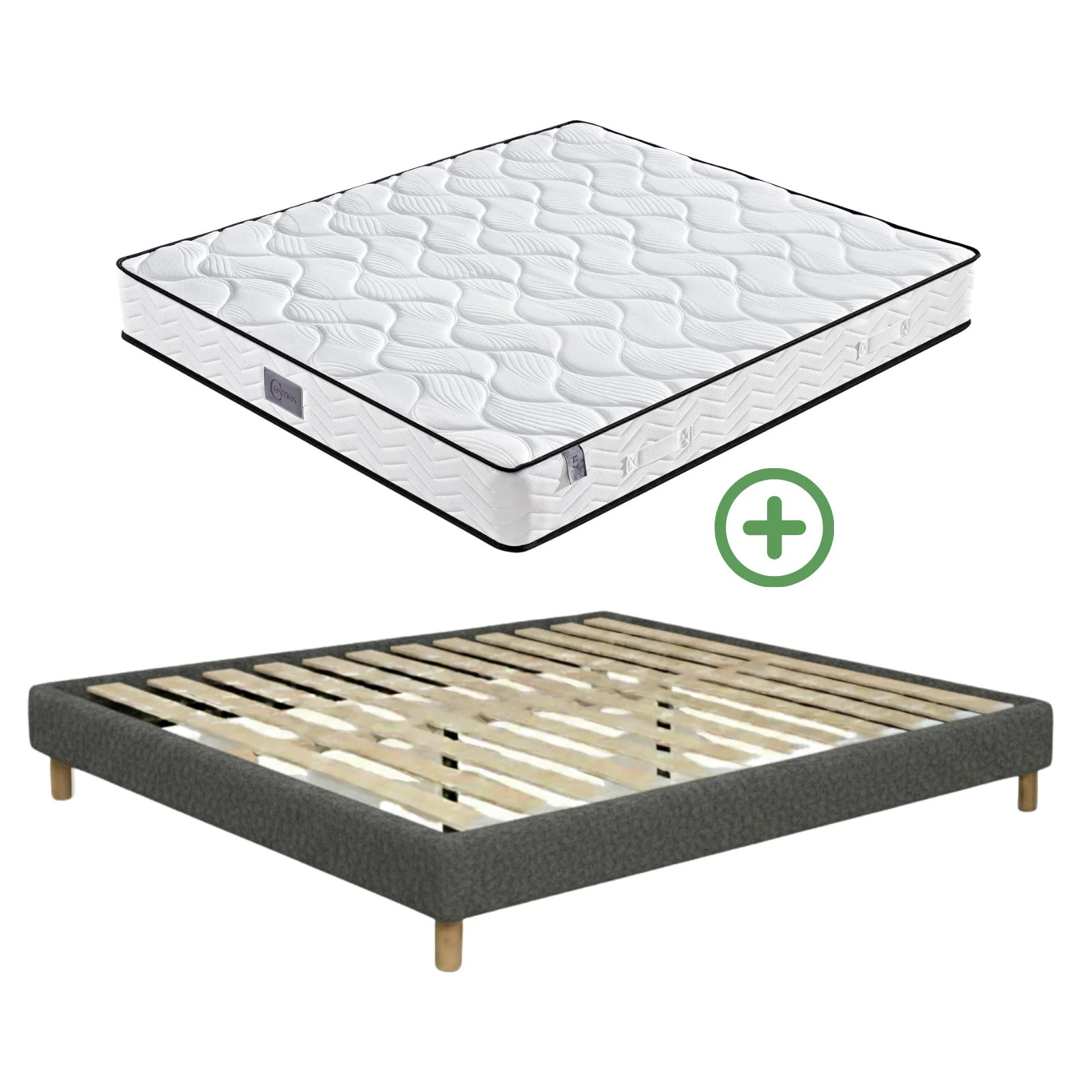 Ensemble matelas Univers & sommier Cancun | Mémoire de forme et ressorts ensachés | Cadre à lattes | Bouclette | Gris clair