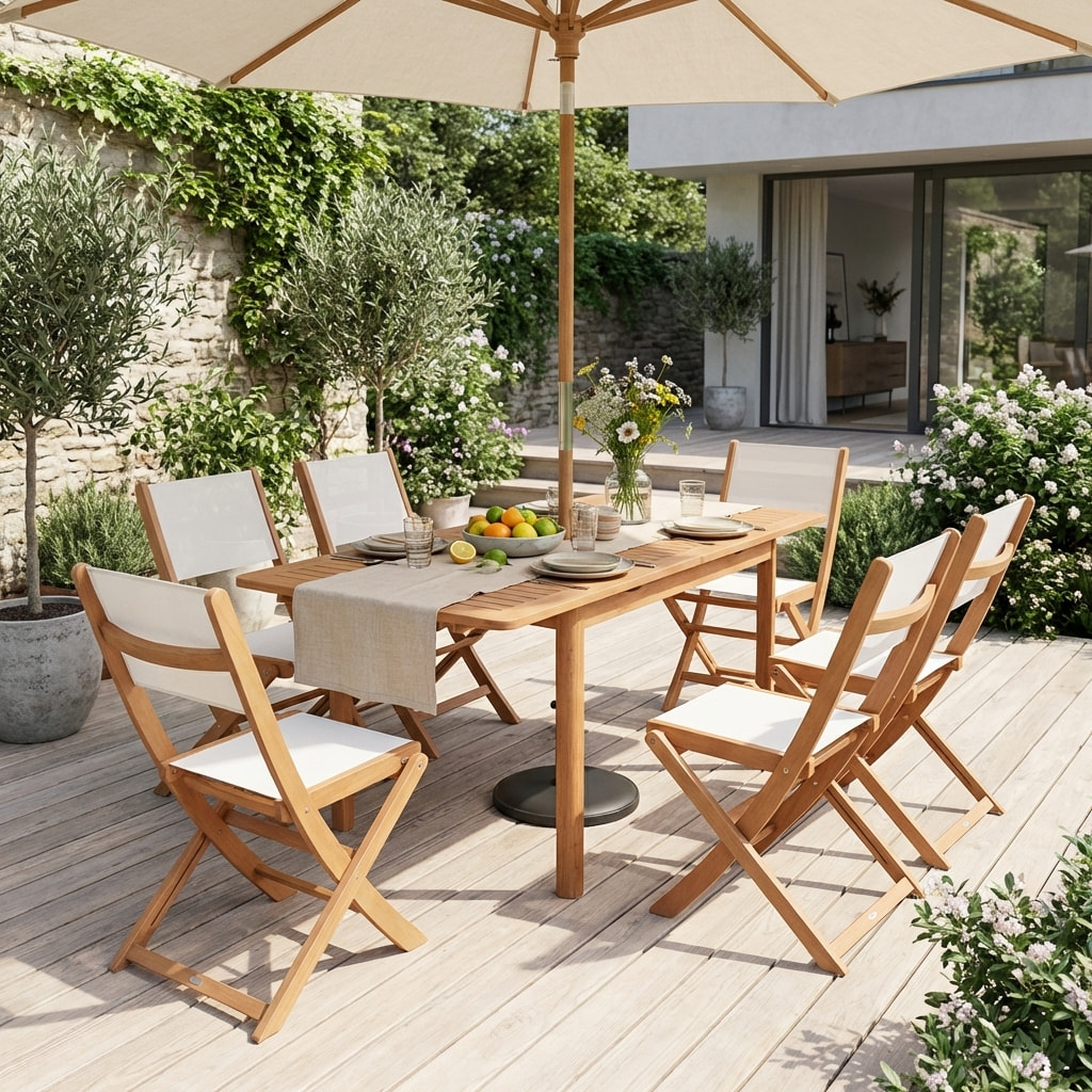 Table de jardin extensible bois d'eucalyptus + 6 assises ARBO + ALMERIA