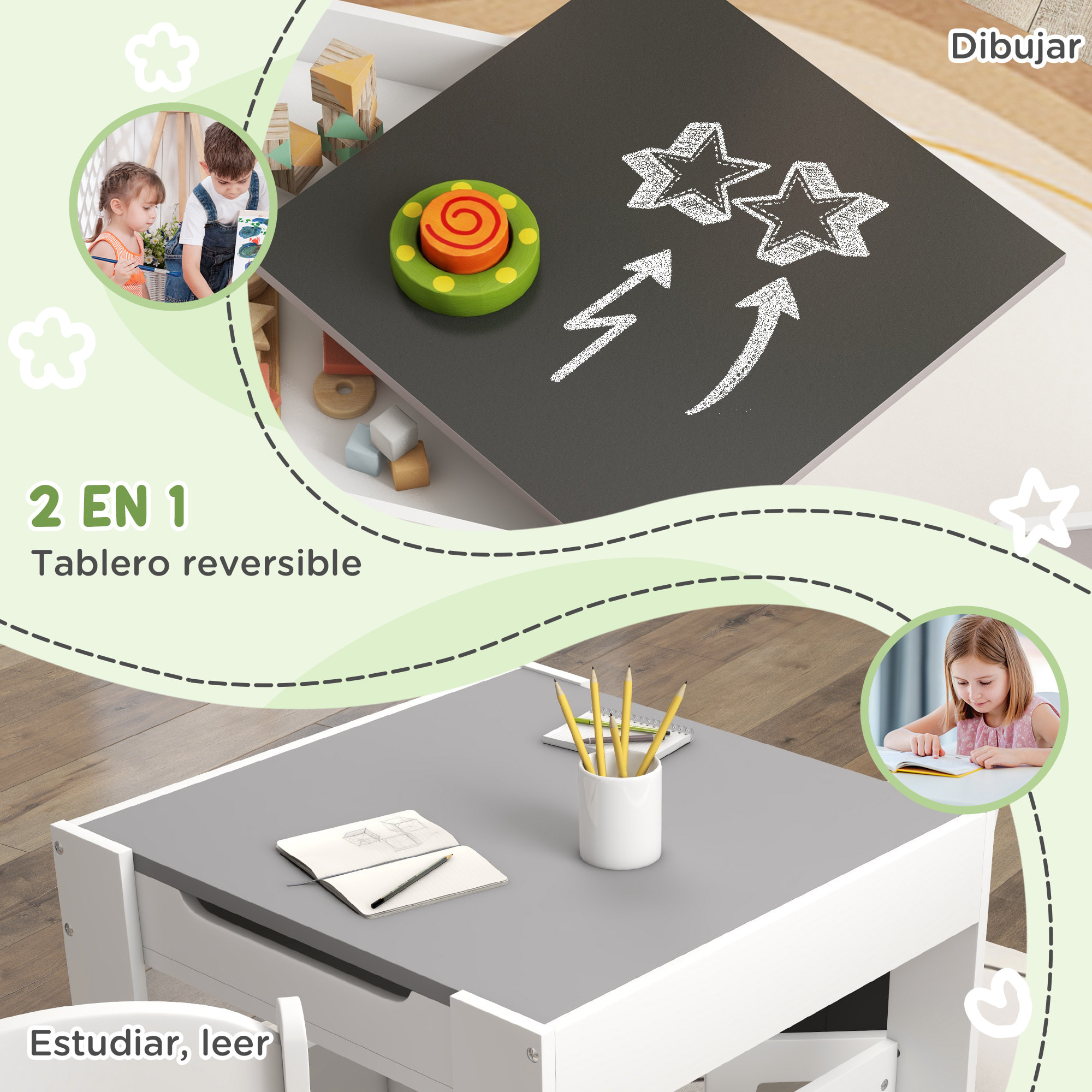 Juego de Mesa y 2 Sillas Infantiles Mesa con Sillas para Niños 2 en 1 con Pizarra Cajones de Tela y Espacio de Almacenamiento para Guardería Sala de Juegos Gris