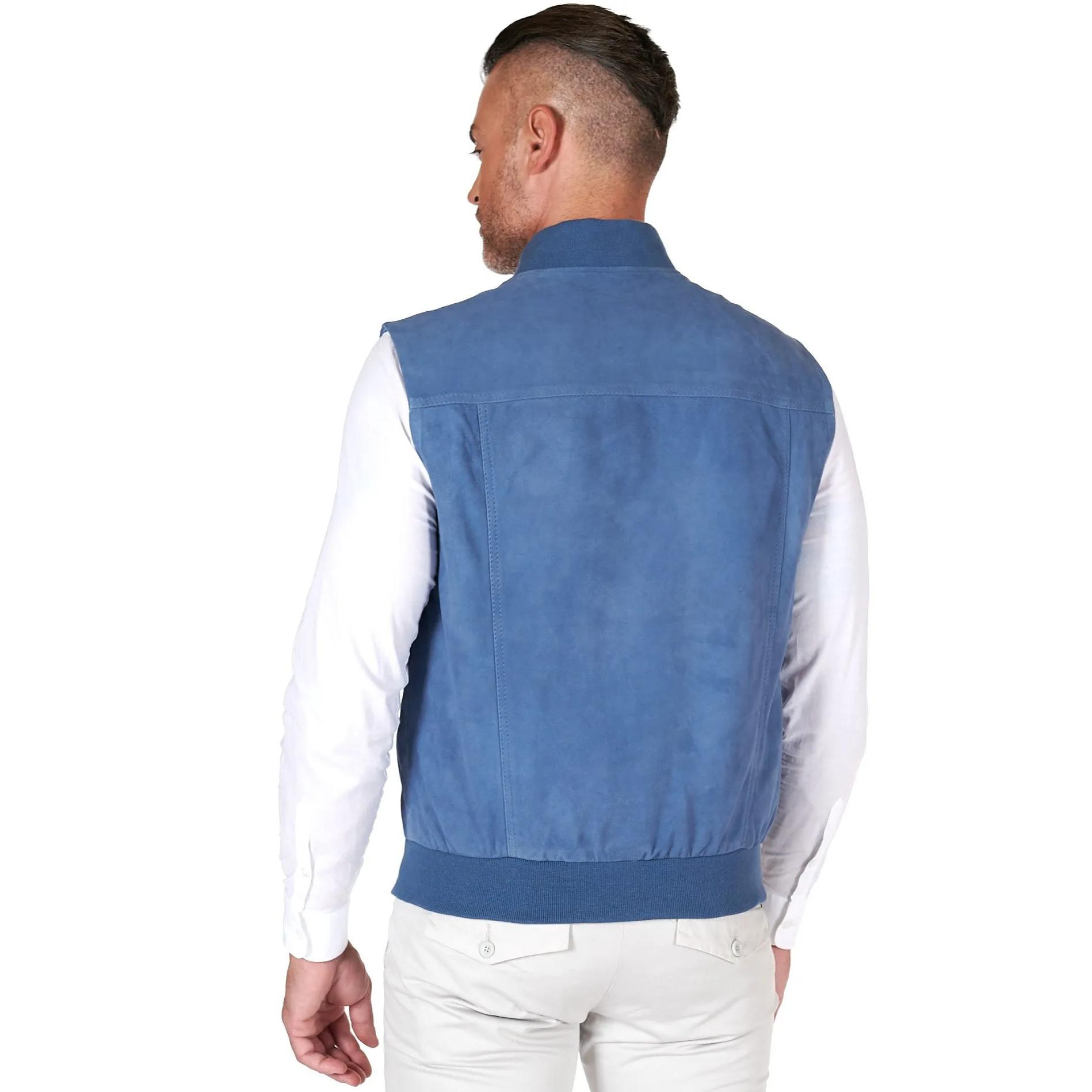 Gilet in pelle camoscio blu denim con bottoni