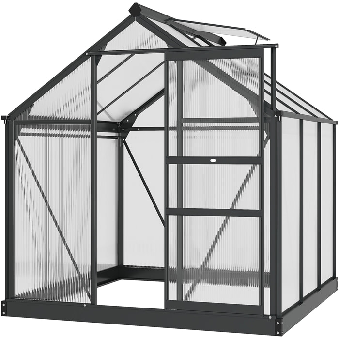 Serre de jardin aluminium polycarbonate 3,65 m² dim. 1,9L x 1,92l x 2,01H m lucarne, porte coulissante + fondation incluse alu. gris polycarbonate transparent