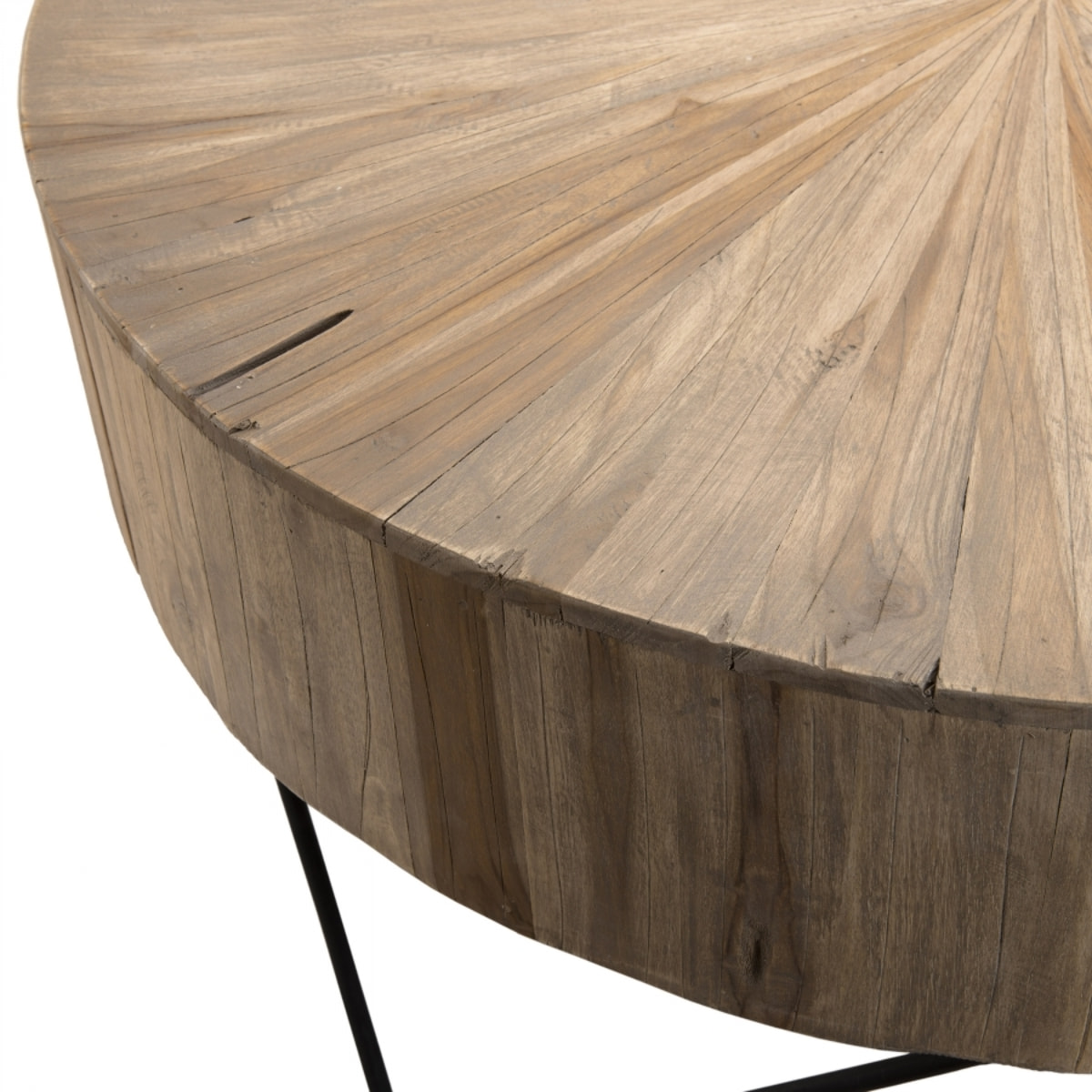 LALY - Table basse ronde 90x90cm bois Teck naturel pieds épingles scandi métal noir