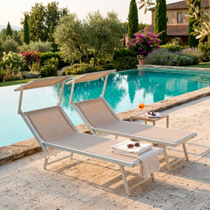 Coppia Di Lettini Prendisole Pieghevole Professionale in Alluminio e Tessuto Textilene Tettuccio Parasole Sdraio Mare Spiaggia 182x60x38 cm Beige