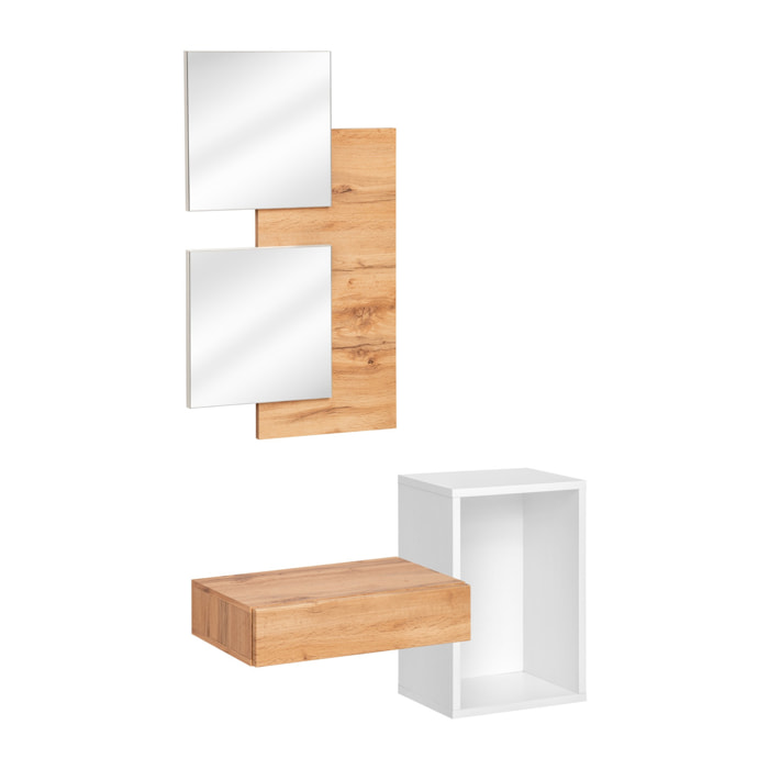 Set Mobile Ingresso Moderno Con Specchi Pensile A Giorno Mensola Con Cassetto Salvaspazio Mobile Da Parete 100 x 170 x 30 Cm Bianco E Rovere