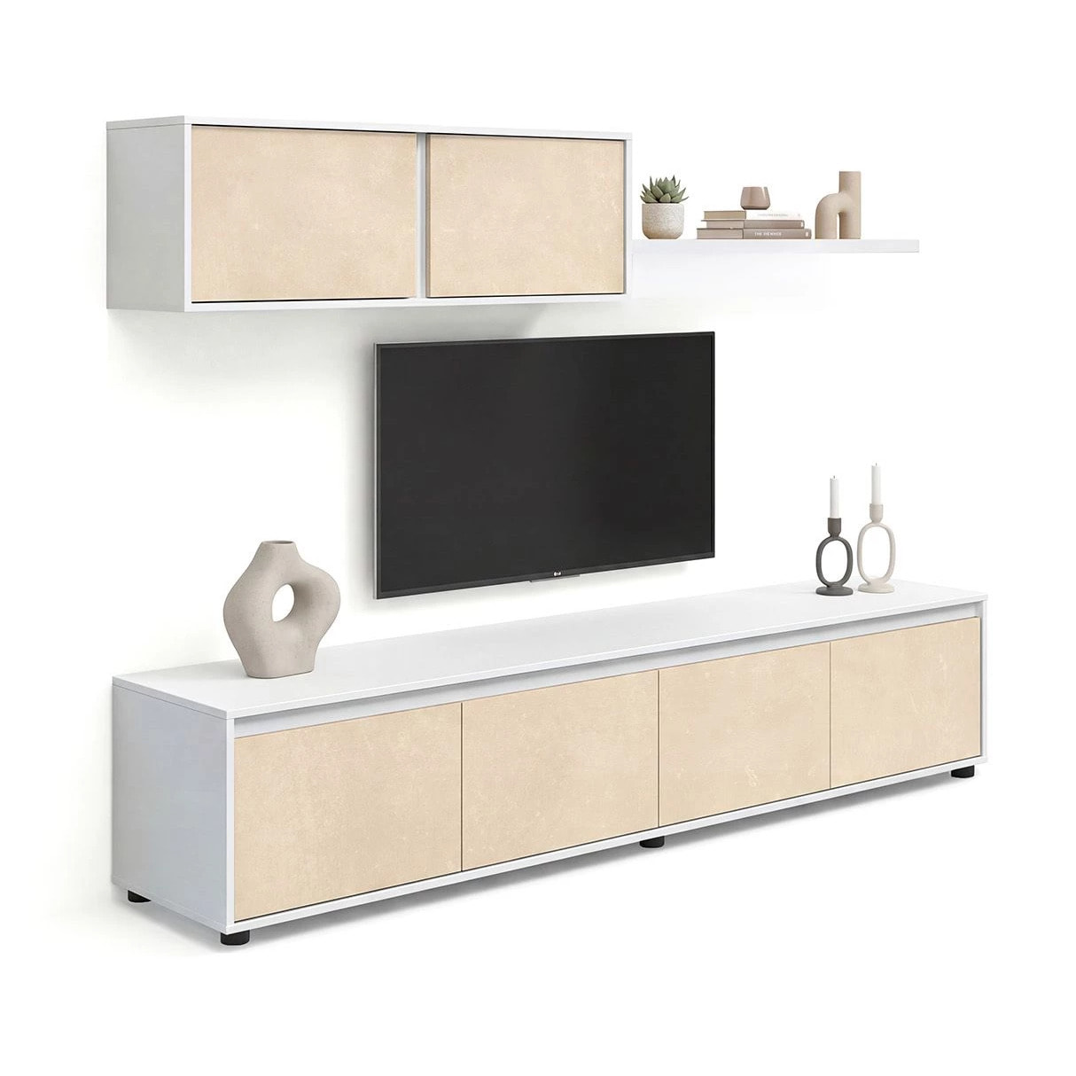 Salón con mueble de TV y estantería en blanco artik y efecto microcemento beige 200 cm Arlet Blanco Artik (Blanco Mate) - Microcemento Beige