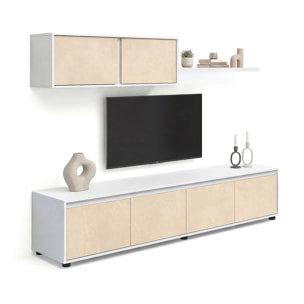 Salón con mueble de TV y estantería en blanco artik y efecto microcemento beige 200 cm Arlet Blanco Artik (Blanco Mate) - Microcemento Beige