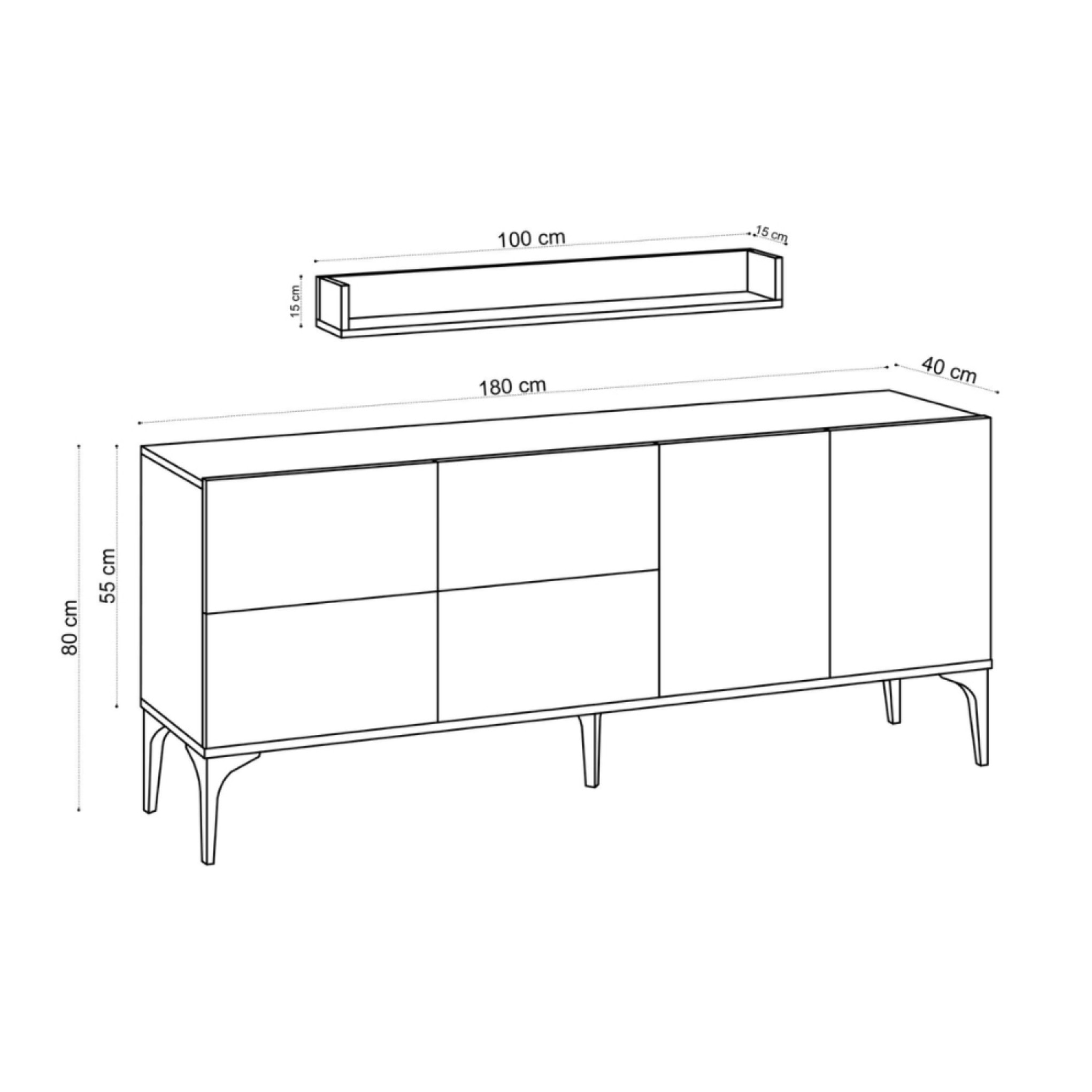 SPRING - Buffet effet travertin 180 cm 6 portes et étagère