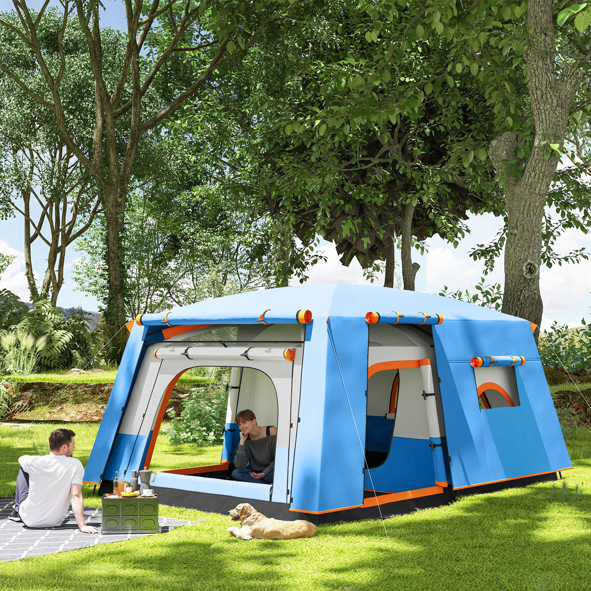 Tente de camping familiale 4-5 personnes - portes, fenêtres, sac de transport inclus - dim. 4,3 x 3 x 1,95 m - bleu