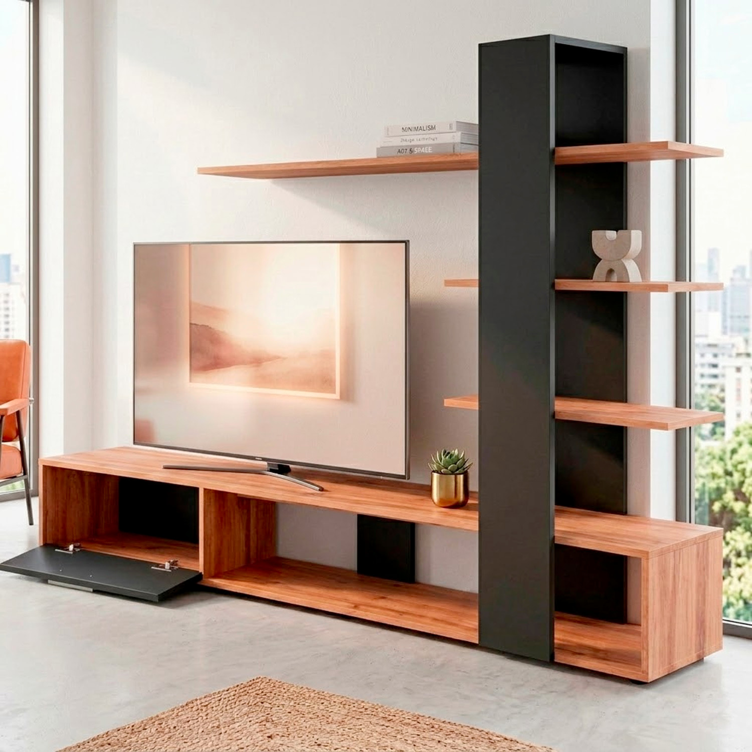 Parete Attrezzata Soggiorno Mobile Tv Ripiani Mensola Moderno Living Arredo Contemporaneo Contenitore Vani Salvaspazio 190x152x35 Cm Rovere E Nero