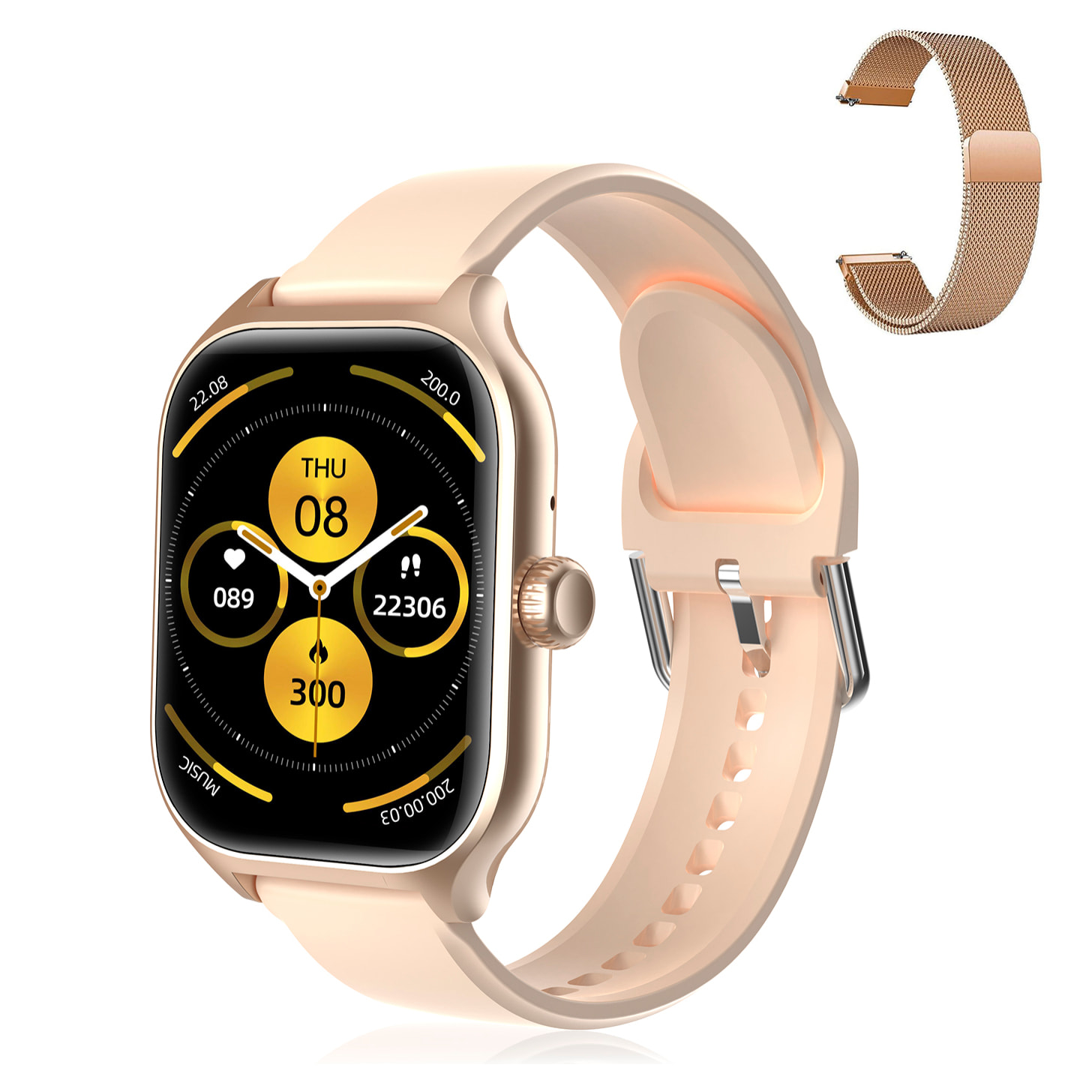 Smartwatch GTS4 Plus con chiamate BT, notifiche push. Monitor sportivo e sanitario. Corona multifunzione. 2 cinturini in silicone e metallo.