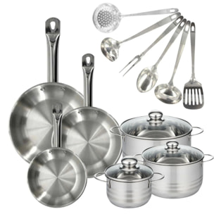 Set 3 poêles 20 24 et 28 cm en inox, 3 faitouts inox 16, 20 et 24 cm et 6 ustensiles inox Fackelmann Eterna