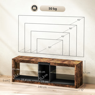 Meuble TV LED avec télécommande - banc TV design industriel - 2 étagères verre, niche centrale - effet bois noir
