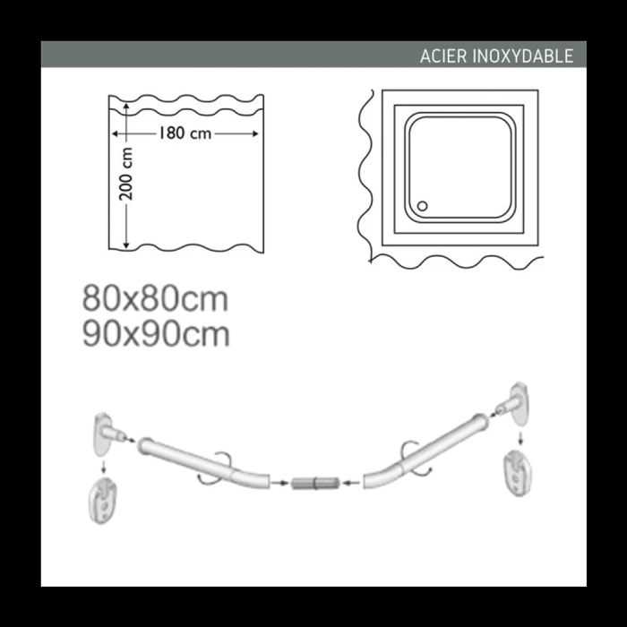 Barre tringle pour rideau de douche Incurvée à  fixer en Alu Chromé 80x80cm MSV