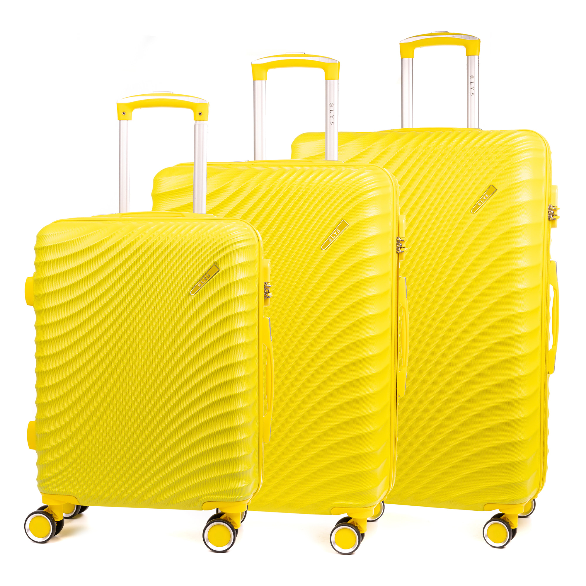 Set di 3 valigie Trolley in materiale ABS leggero e ad alta resistenza. Blocco numerico, 4 ruote girevoli a 360°.