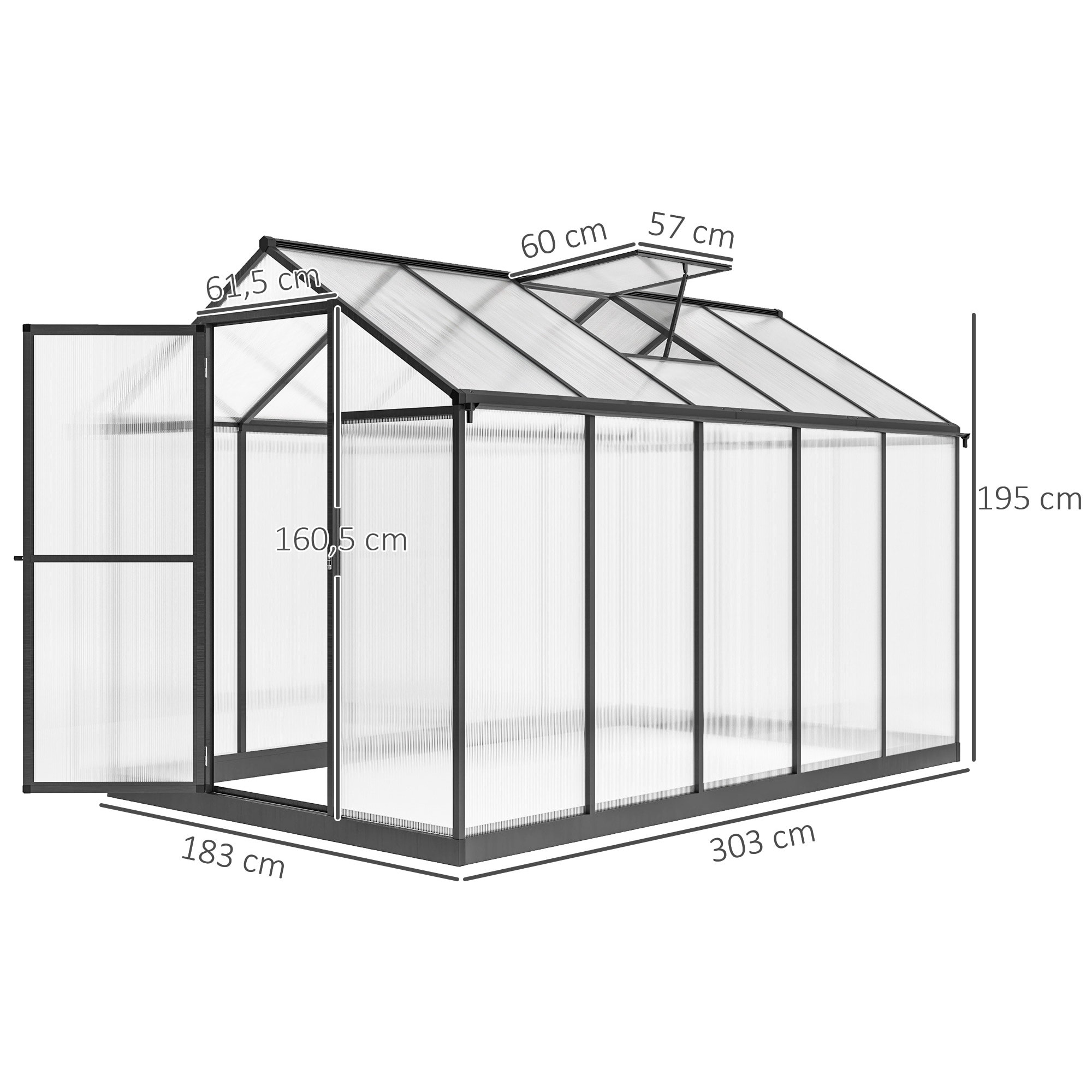 Serre de jardin alu polycarbonate 5,5 m² dim. 3,03x1,83x1,95m fondation lucarne porte loquet anthracite