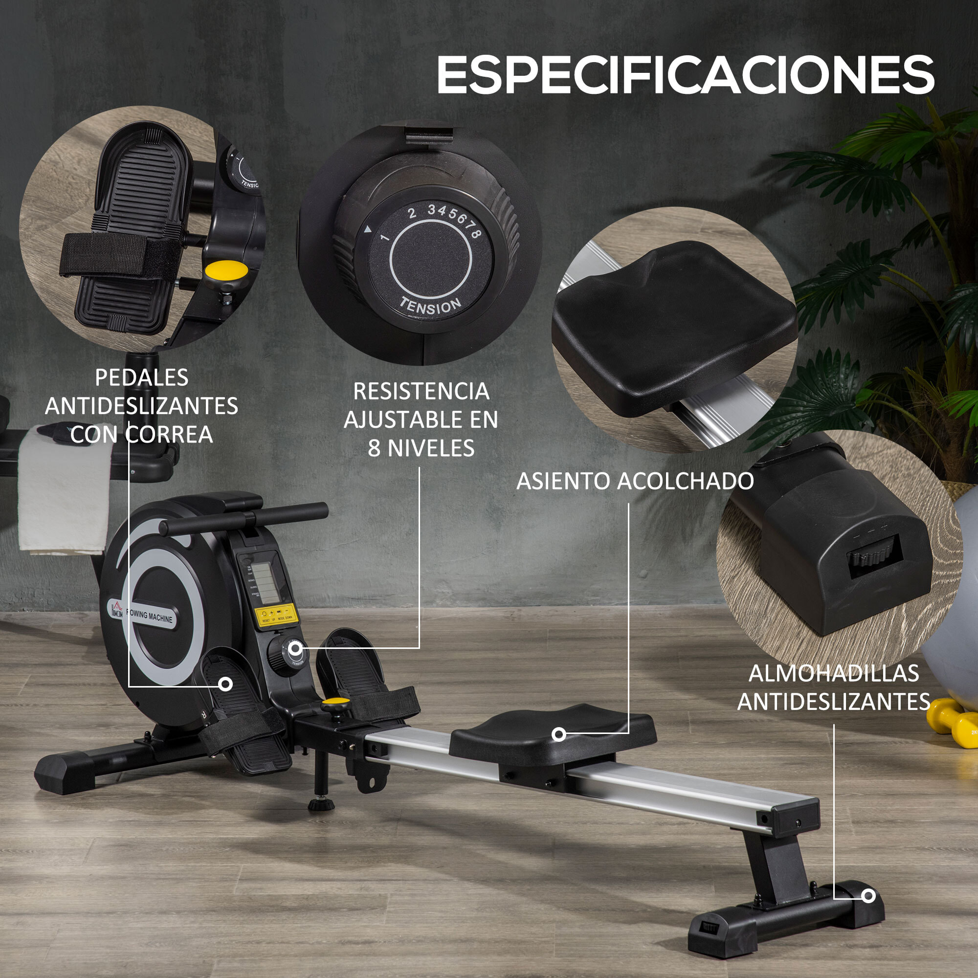 Máquina de Remo Plegable con 8 Niveles de Resistencia Magnética Volante de 4kg Monitor LCD Carga 120kg para Fitness Entrenamiento en Casa Acero Aluminio 185x58x57 cm Negro y Plata