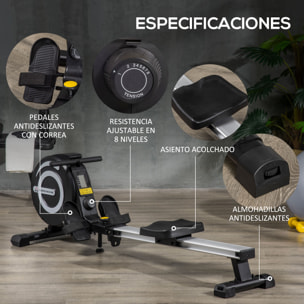 Máquina de Remo Plegable con 8 Niveles de Resistencia Magnética Volante de 4kg Monitor LCD Carga 120kg para Fitness Entrenamiento en Casa Acero Aluminio 185x58x57 cm Negro y Plata