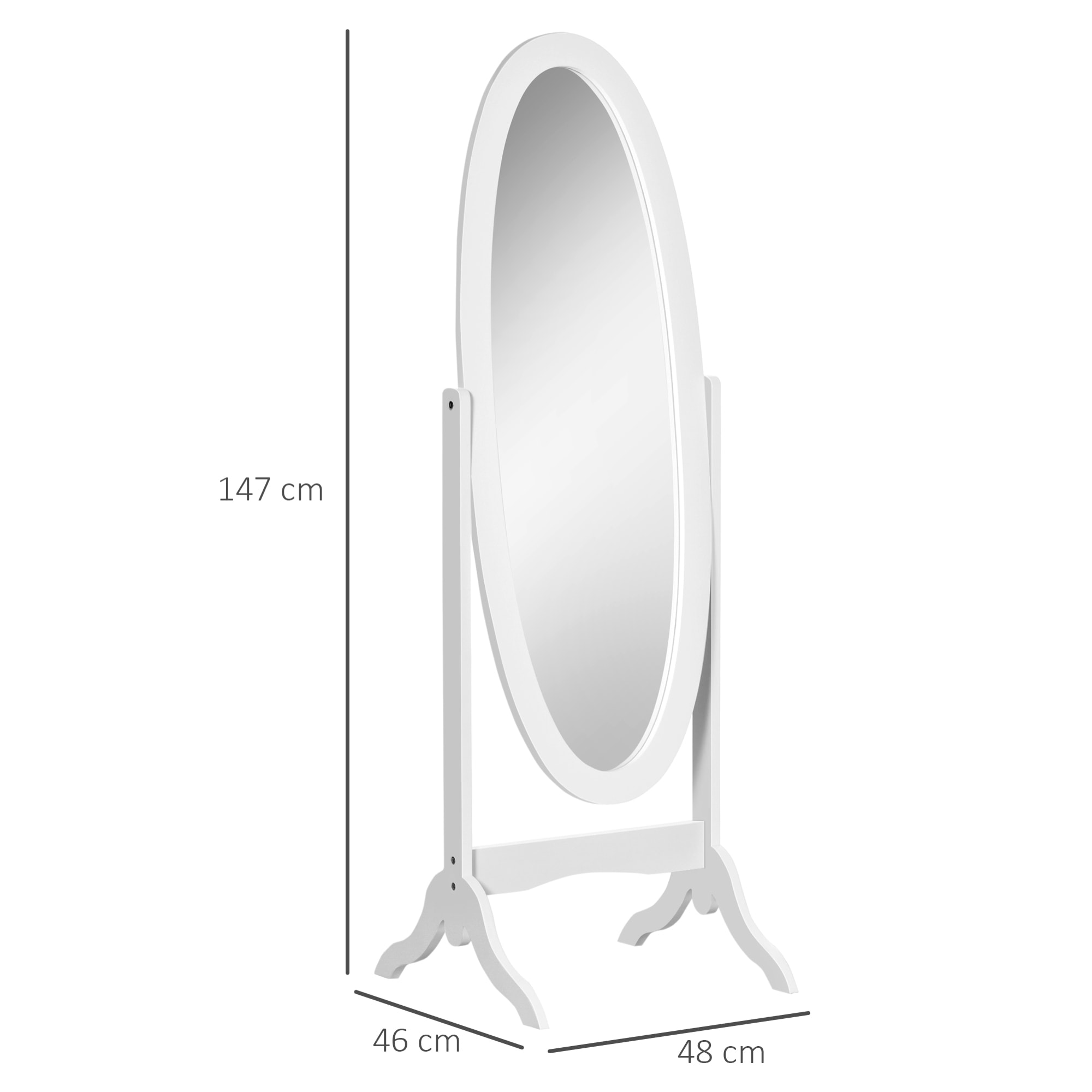 Miroir à pied ovale style shabby chic inclinaison réglable dim. 47L x 45l x 154H cm MDF blanc