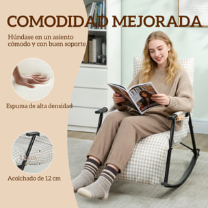 Silla Mecedora con Respaldo y Reposapiés Ajustables, Mecedora Sillón Balancín 105°, Tapizada en Lino, con Bolsillo Lateral y Marco de Metal, Carga 120 kg, para Dormitorio, Salón, Gris y Blanco