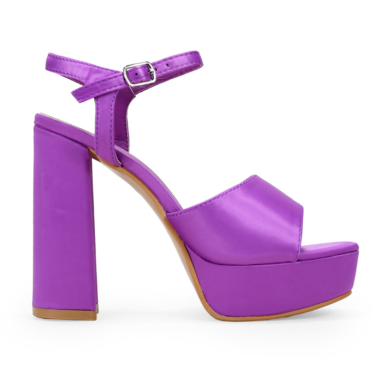 Sandalias de tacón lila en satén con plataforma