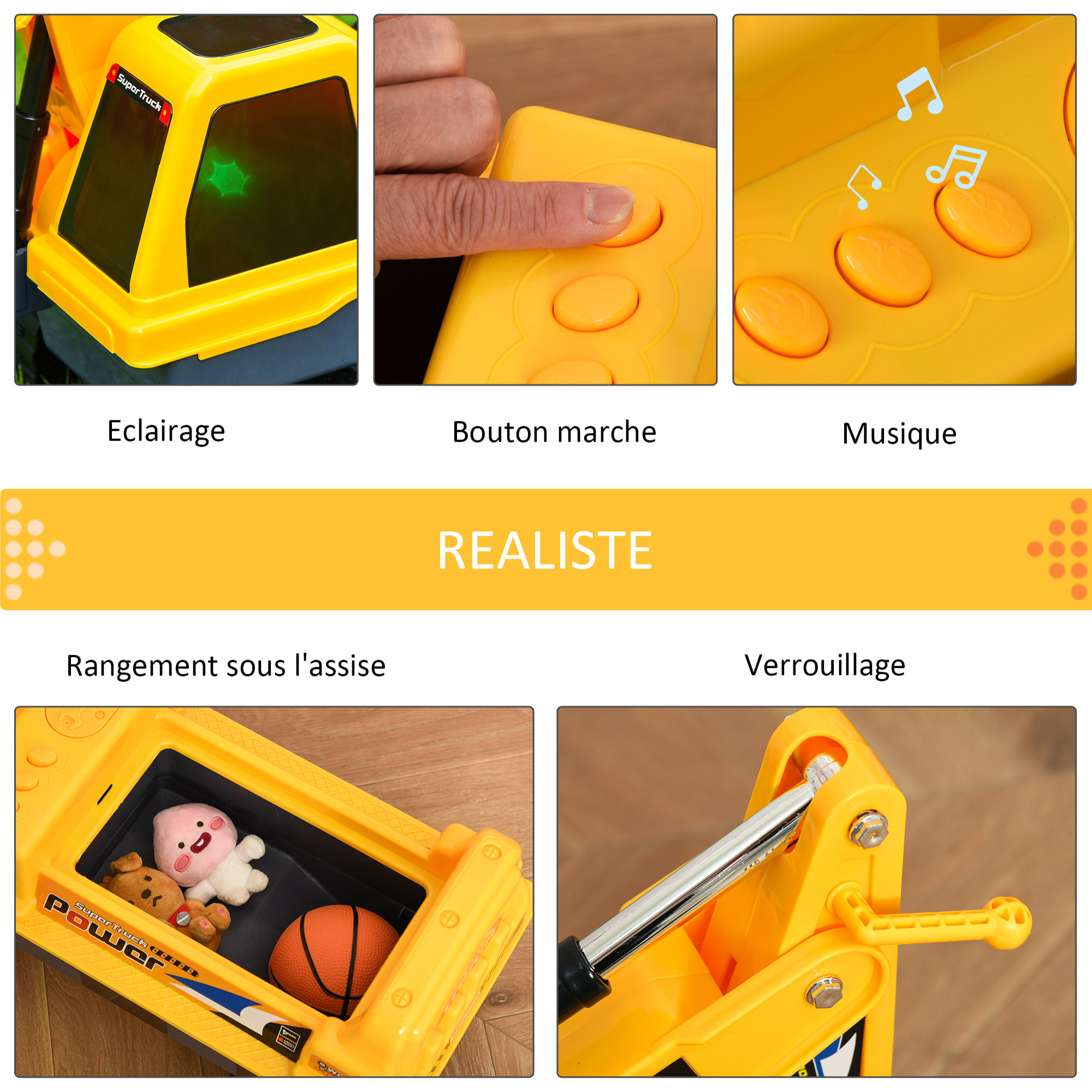 Porteur enfant tractopelle 2-3 ans pelleteuse articulée avec pince incluse effets sonores lumineux PP jaune