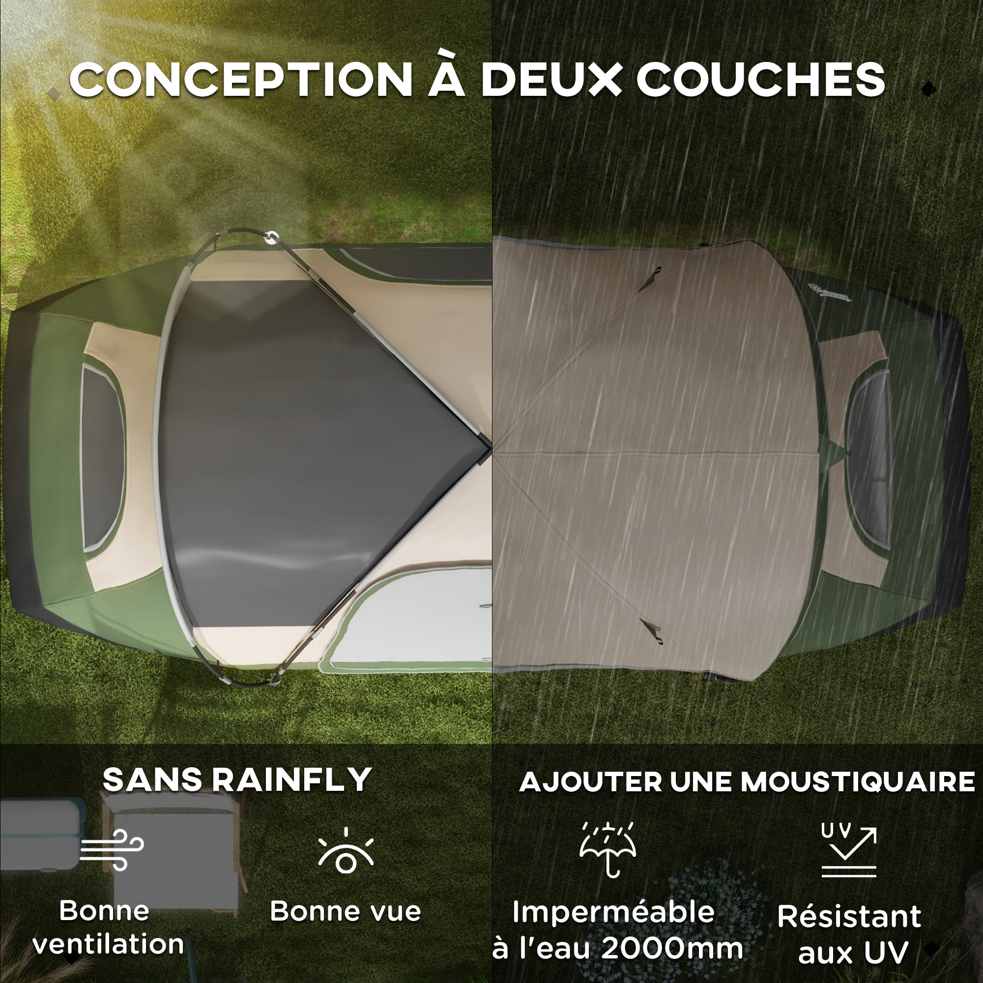 Tente de camping familiale 6-8 pers. double toit étanche 2 000 mm moustiquaire sac de tranport vert