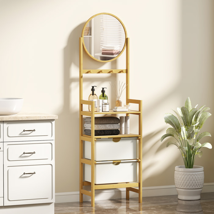 Estantería de Baño de Bambú con Espejo Estantería de Almacenaje con 4 Ganchos 2 Estantes Abiertos y 2 Cajones de Tela para Cocina Baño Salón 48,5x30x170 cm Natural