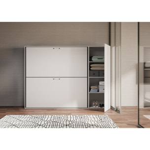 Armoire lit escamotable horizontal superposé 2 couchages 85 Kando avec matelas composition H Frêne Blanc