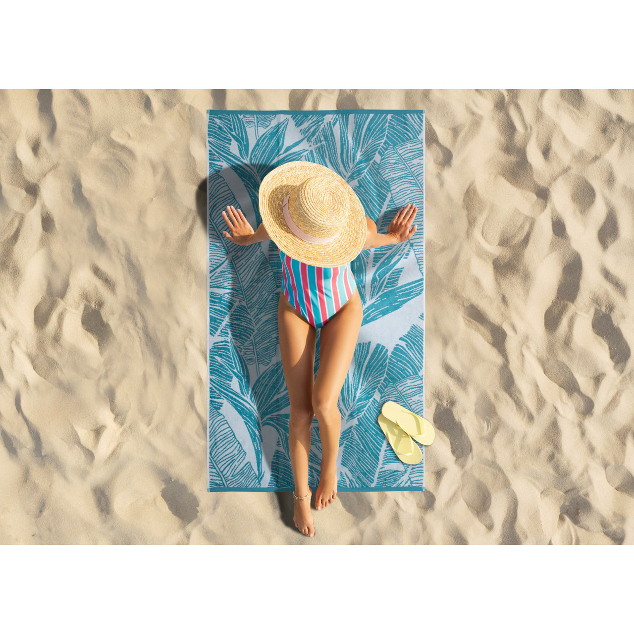 Telo Mare Spugna Jacquard Spiaggia Disegno Tropical