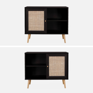 Meuble de rangement en cannage 80x39x65.8cm  Bohème - Noir -  2 niveaux - 1 porte -  pieds scandinaves. buffet bas