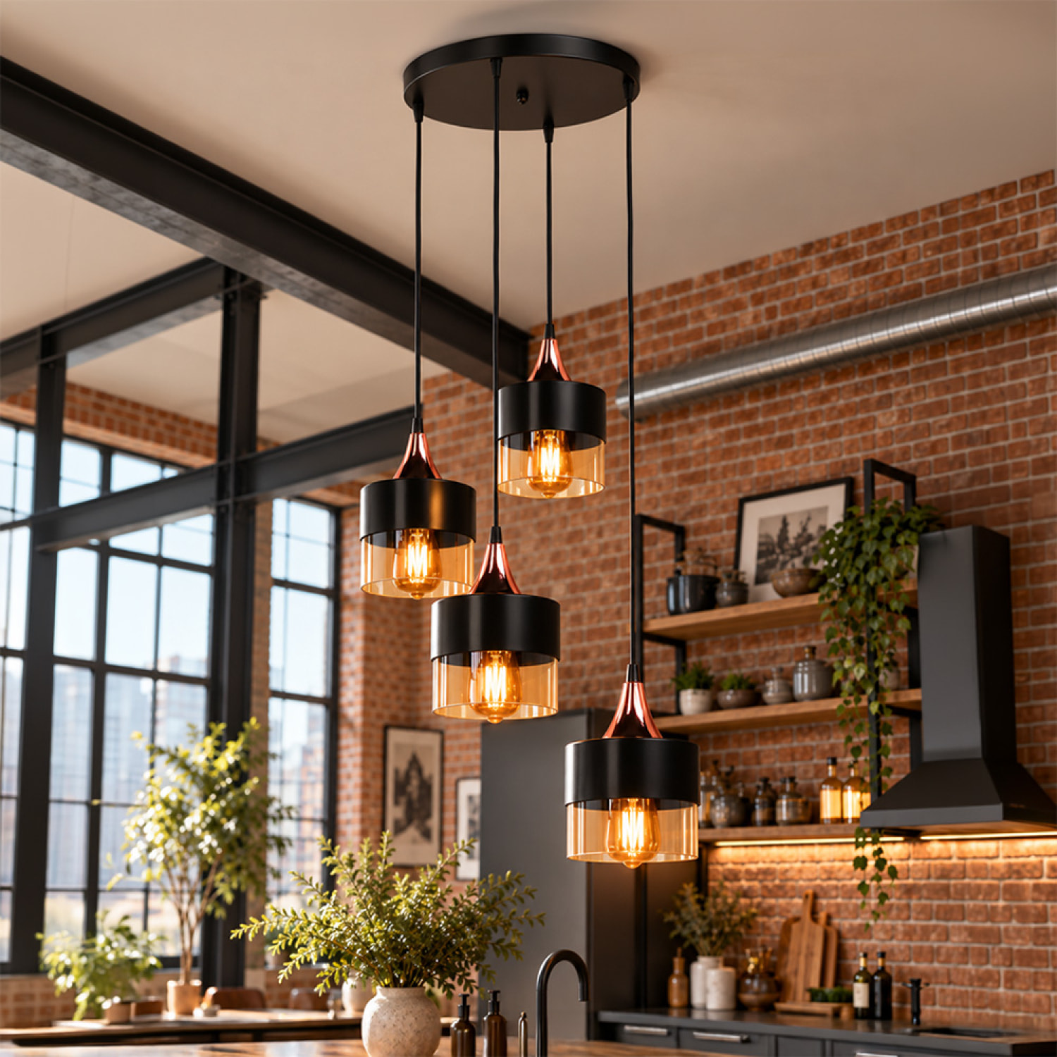 Lustre 4 suspensions en verre ambré métal noir et effet cuivre CUENCA