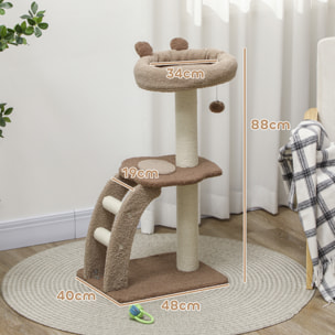 Árbol Rascador para Gatos Altura 88 cm Árbol para Gatos Torre para Gatos con Nido Plataformas Bola Colgante Escalera y Poste de Sisal Café