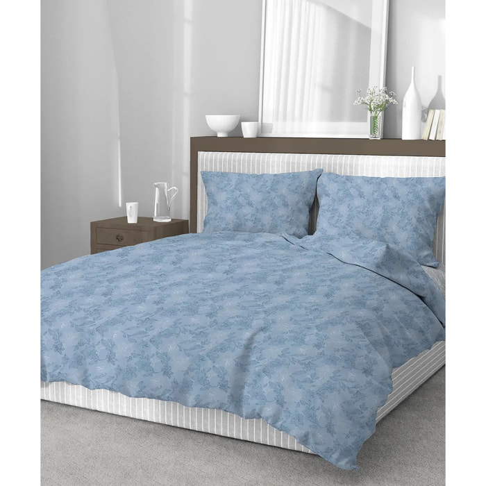 Parure Copripiumino Lily Blu per letto singolo in 100% Cotone e Made in Italy, moderno floreale