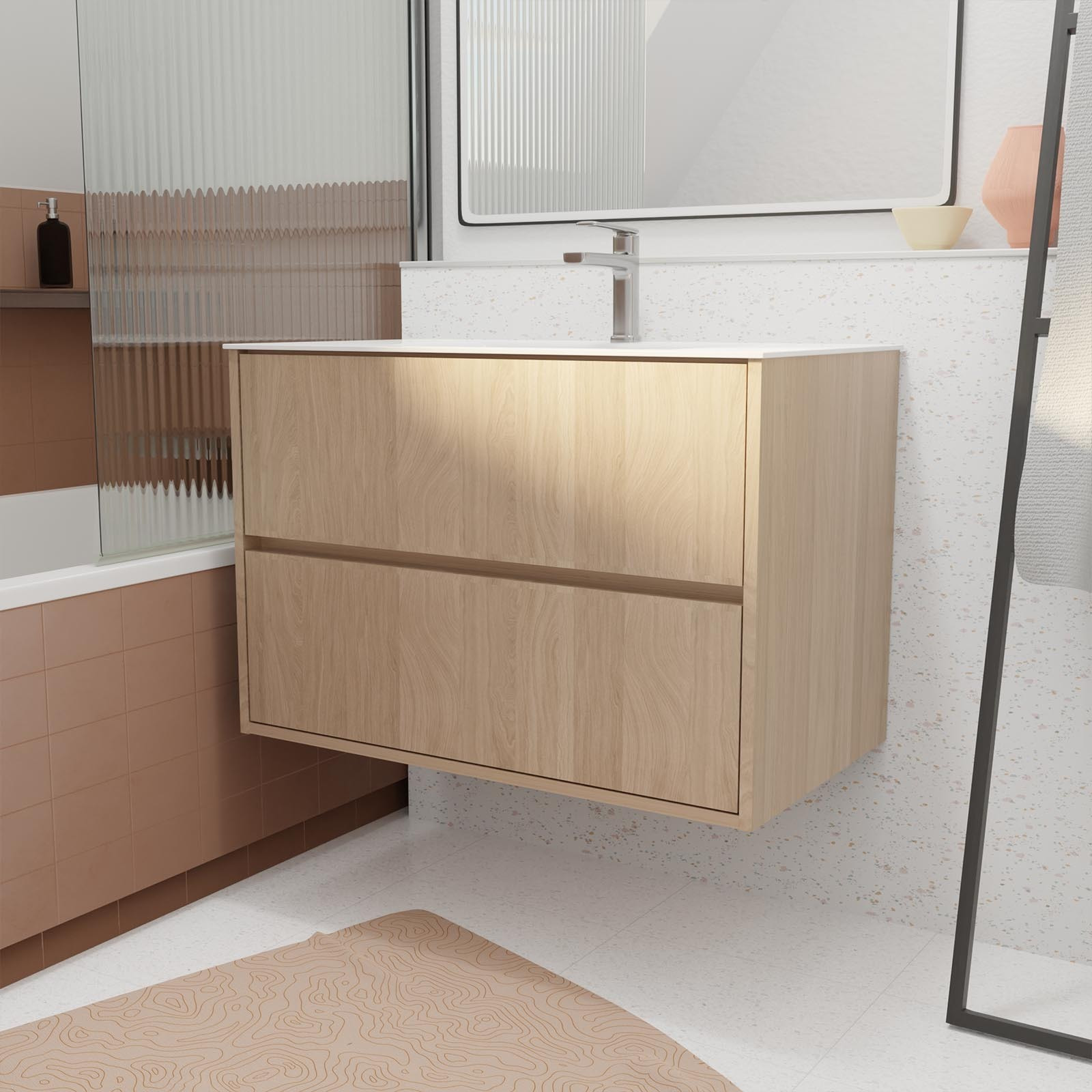 Pack Meuble Salle de Bains 80 cm Chêne Clair, 2 tiroirs avec Vasque Céramique - XENOS