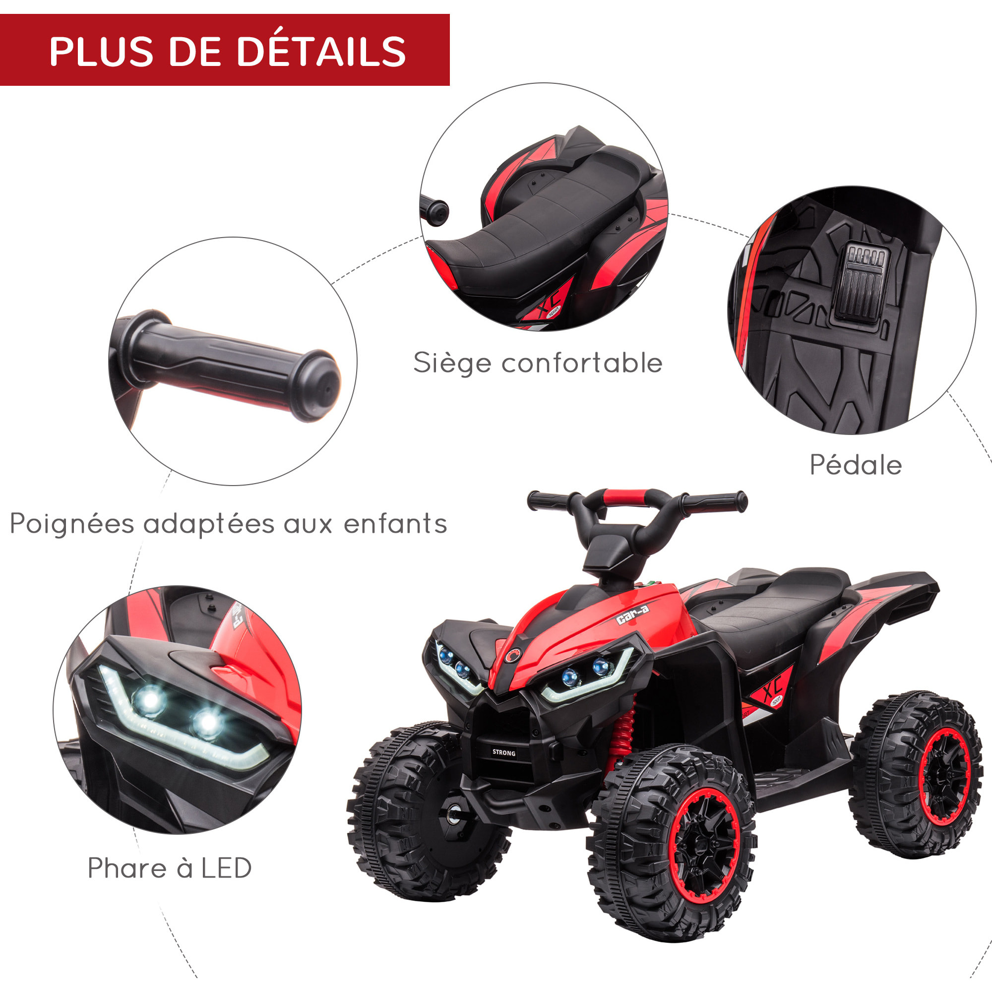 Quad buggy électrique enfant 12 V 3 Km/h max. effets lumineux et sonores rouge noir