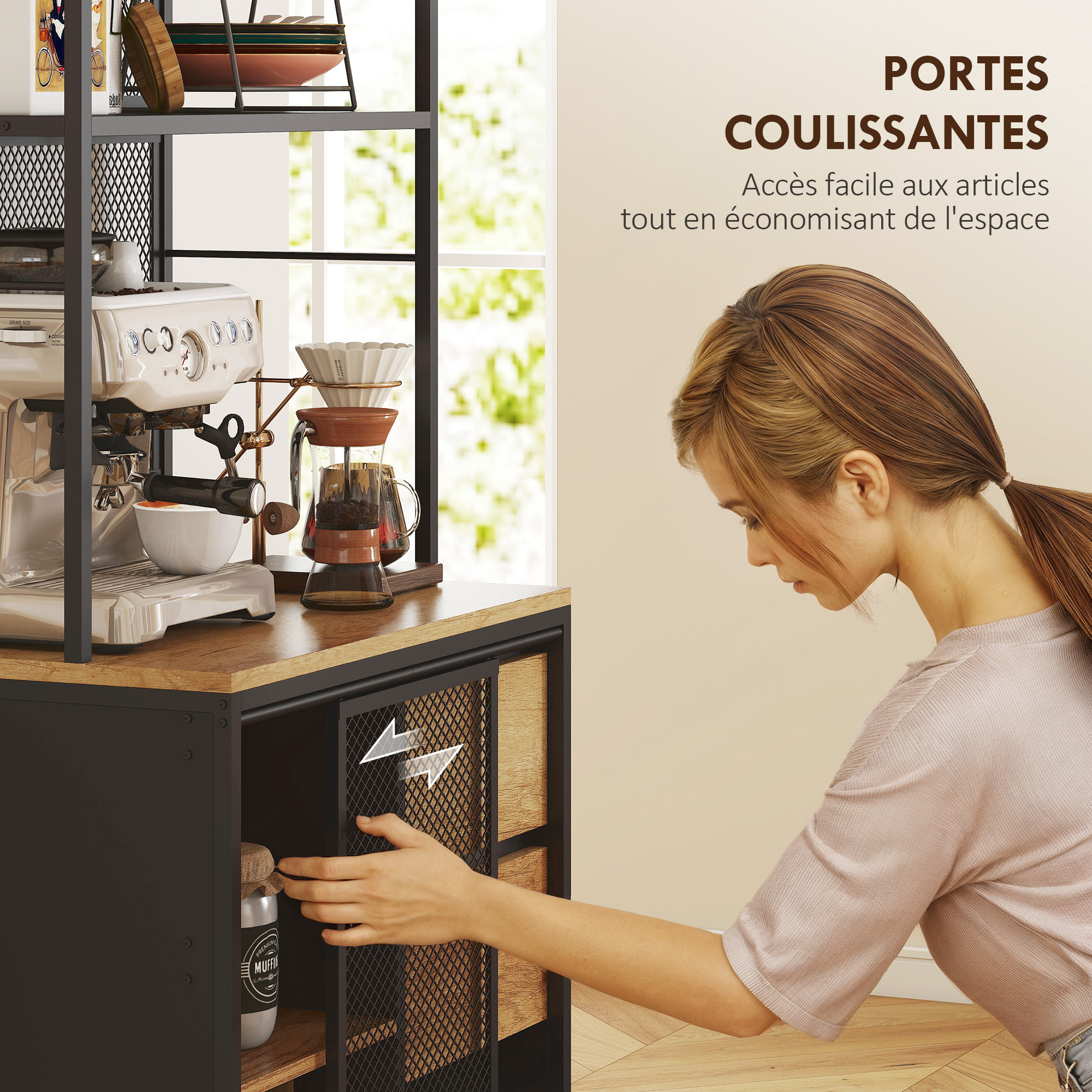 Buffet haut cuisine, armoire de cuisine avec plan de travail, porte coulissante en maille, tiroirs et étagères ouvertes, meuble de rangement industriel, 60x40x180cm, bois naturel et noir