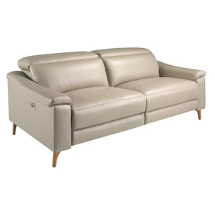 Sofá relax de 3 plazas tapizado en piel de origen vacuno en gris taupe con reposacabezas patas de madera en miel 2 sistemas de relax eléctrico 208x104x102cm